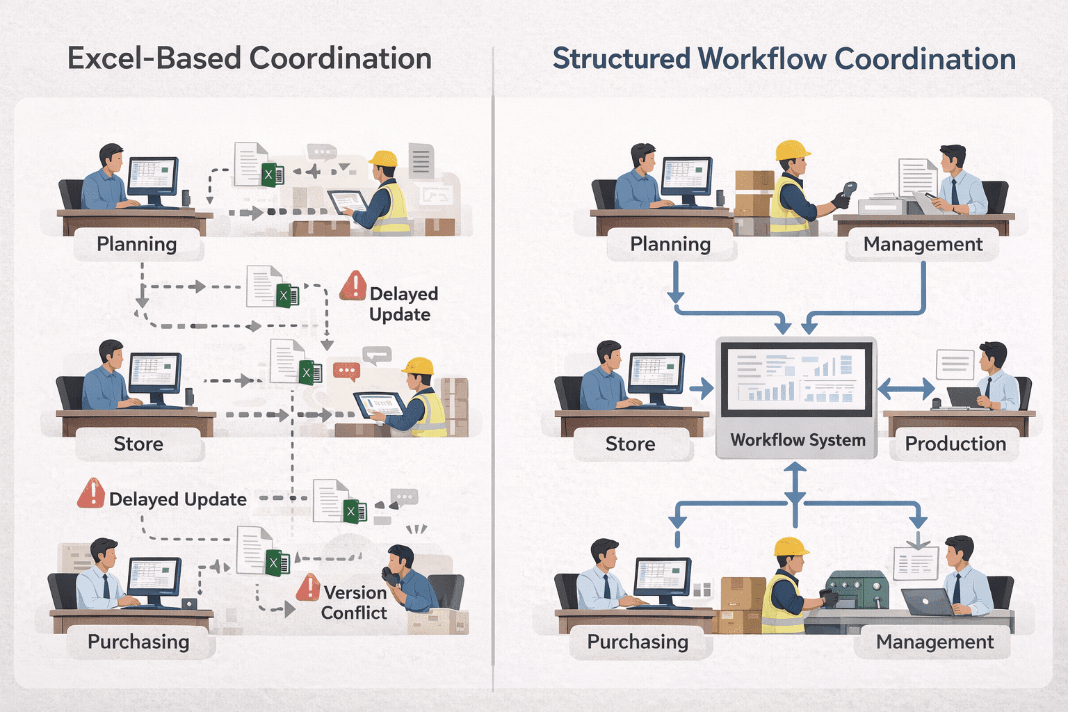 Infographic comparing Excel for Manufacturing coordination versus structured workflow system in a Malaysian SME factory, showing version conflicts, delayed updates, and real-time data flow control.