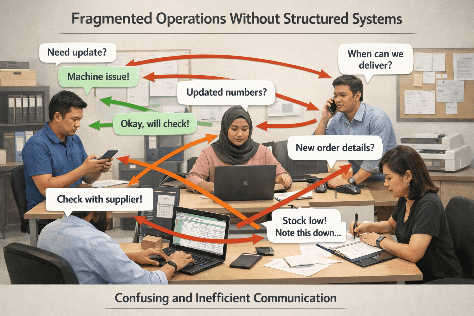 Malaysian SME office staff managing operations through WhatsApp messages, Excel spreadsheets, phone calls, and handwritten notes, illustrating fragmented workflow and communication issues in small business operations.