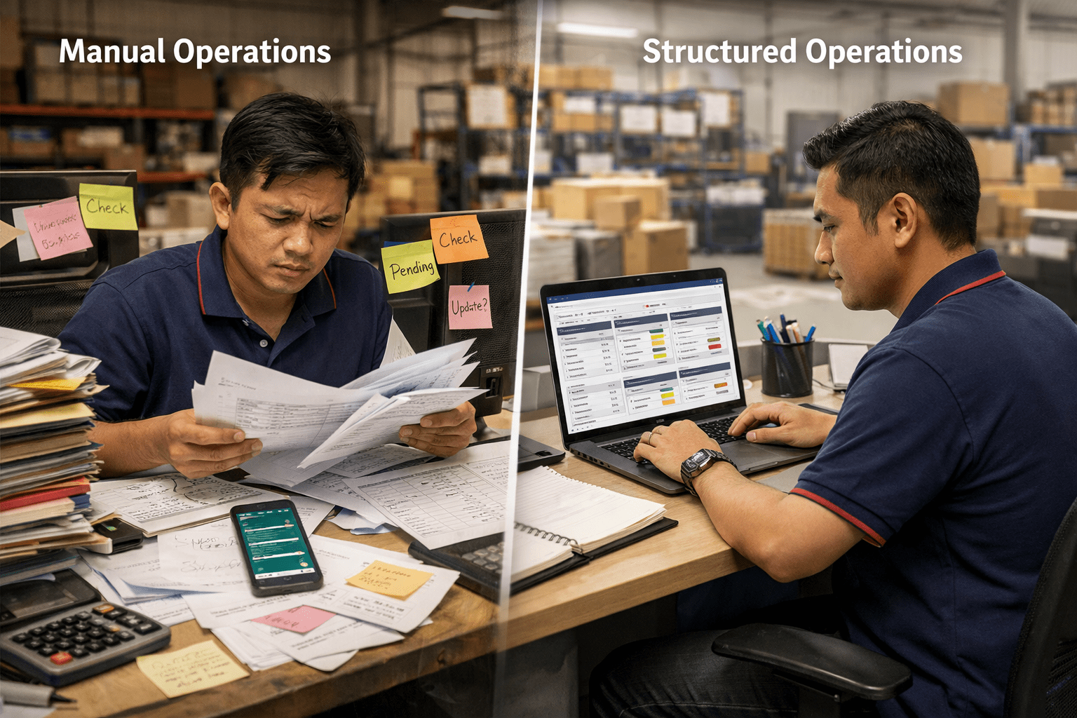 Comparison of manual operations and structured workflow in a Malaysian SME showing Excel-based processes, paperwork overload, and improved operations visibility using system dashboard