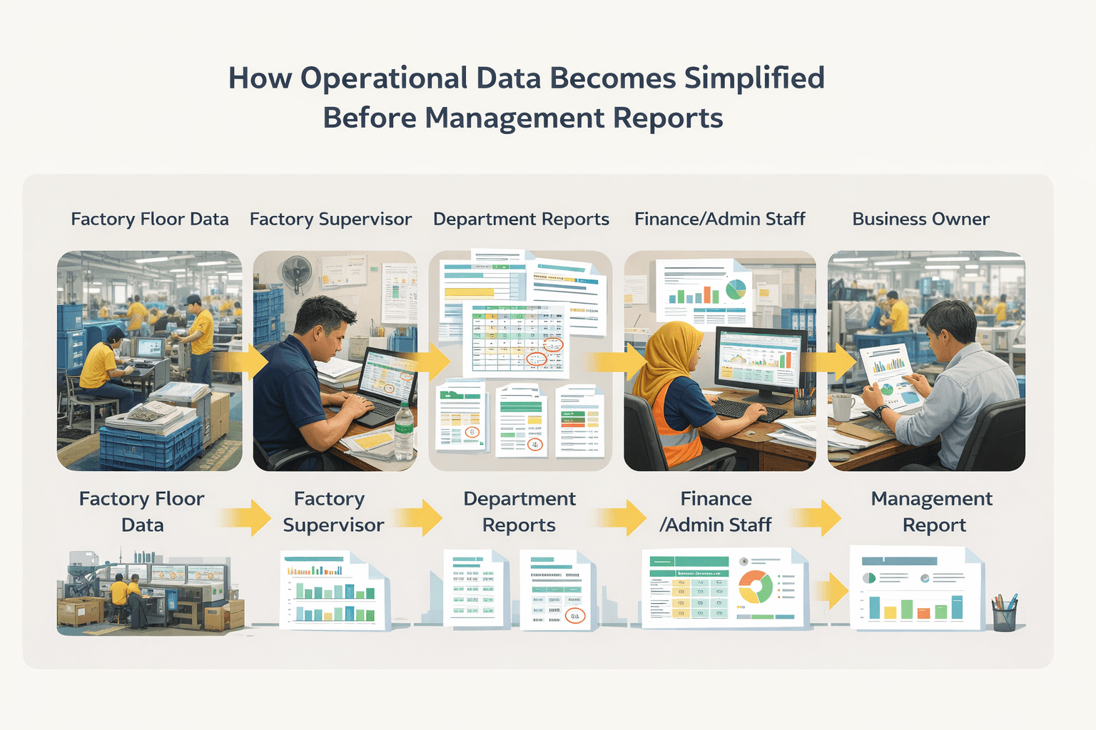 Infographic showing how operational data from Malaysian SME factory floor is simplified into Excel management reports through supervisors, departments, and finance staff