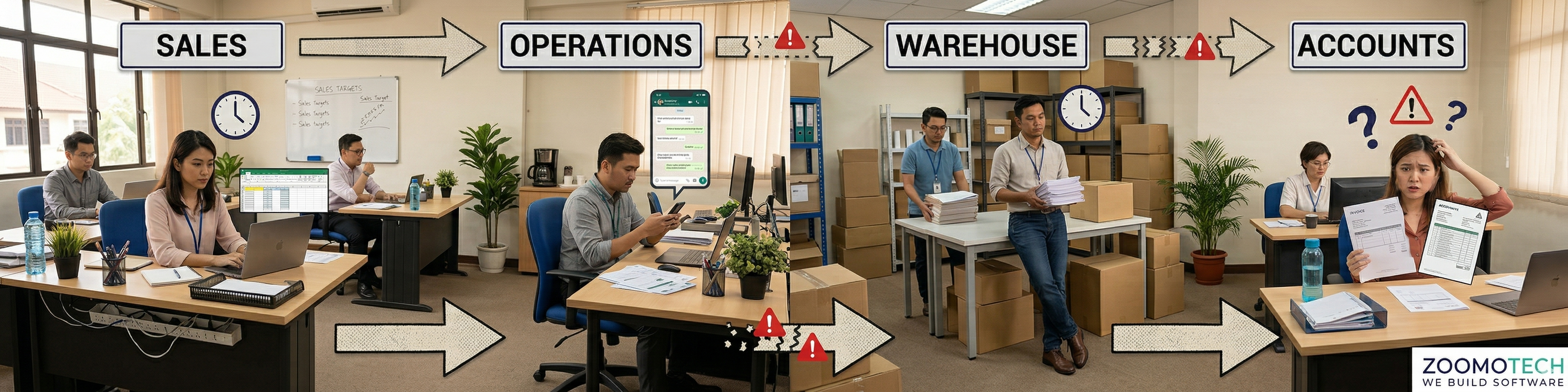 Manual workflow between sales operations warehouse and accounts causing delays and data mismatch in Malaysian SME business processes.