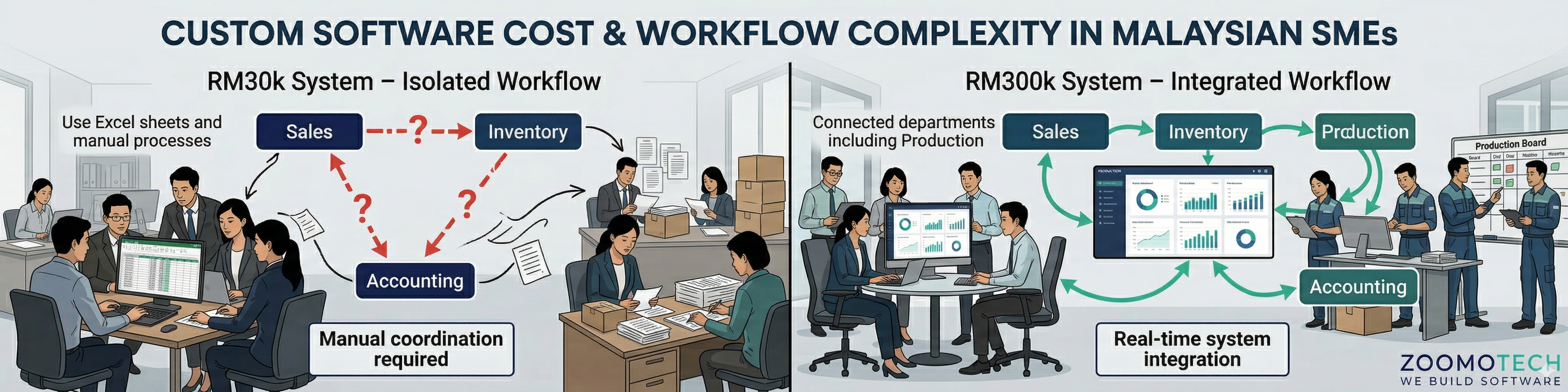 Infographic comparing RM30k isolated workflow and RM300k integrated system for Malaysian SMEs showing Excel-based processes versus real-time system integration