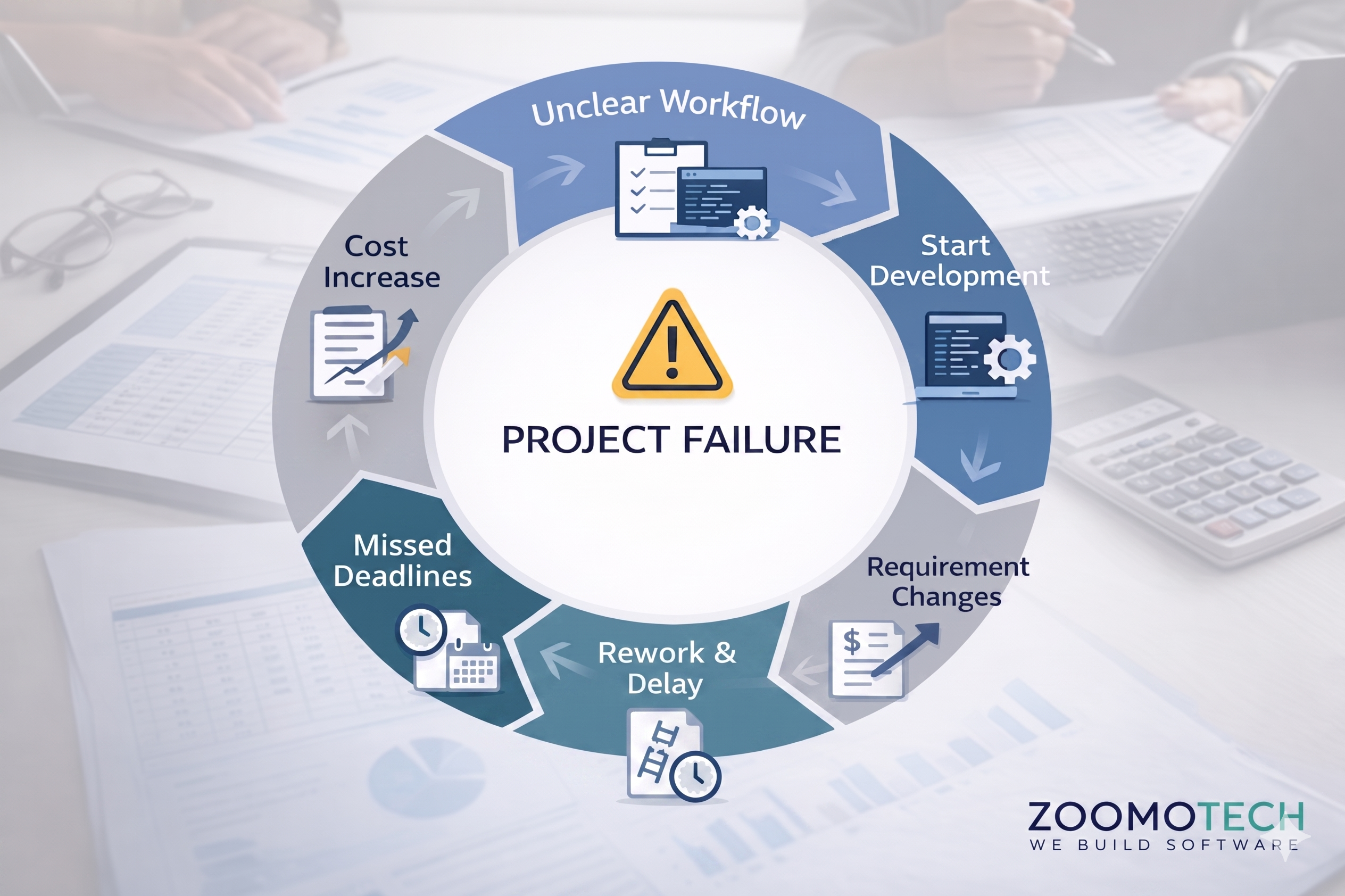 Infographic showing how unclear workflows lead to cost increase, delays, and project failure in Malaysian SME custom software development