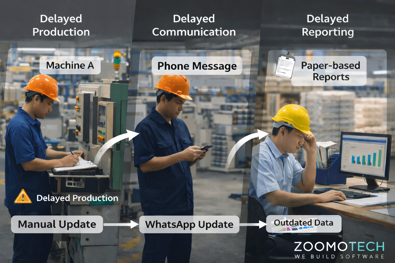 Infographic showing the delay in Factory Production Status caused by manual machine updates, WhatsApp messages, and paper-based reports in a Malaysian factory.