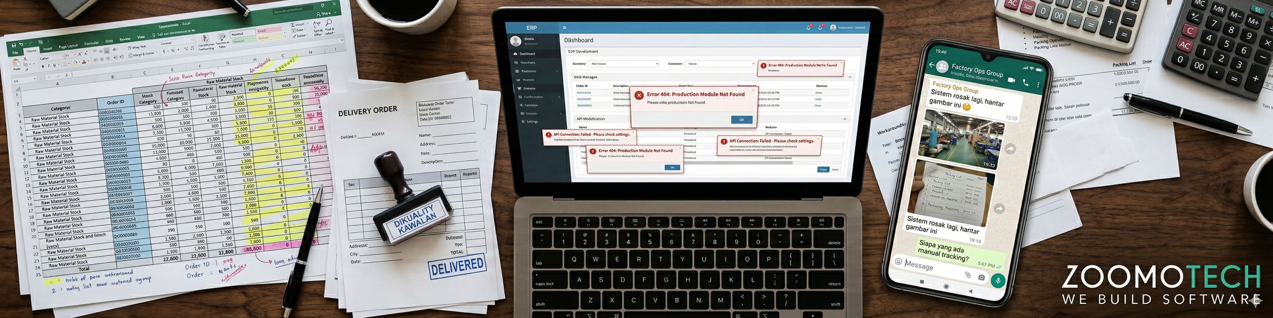 Top-down view of a Malaysian factory office desk showing a Standard ERP system with errors, surrounded by manual workarounds including Excel spreadsheets, a calculator, a physical "DIKUALITI KAWALAN" rubber stamp, and a WhatsApp chat with a production photo, illustrating the gap between rigid software and unique local workflows.