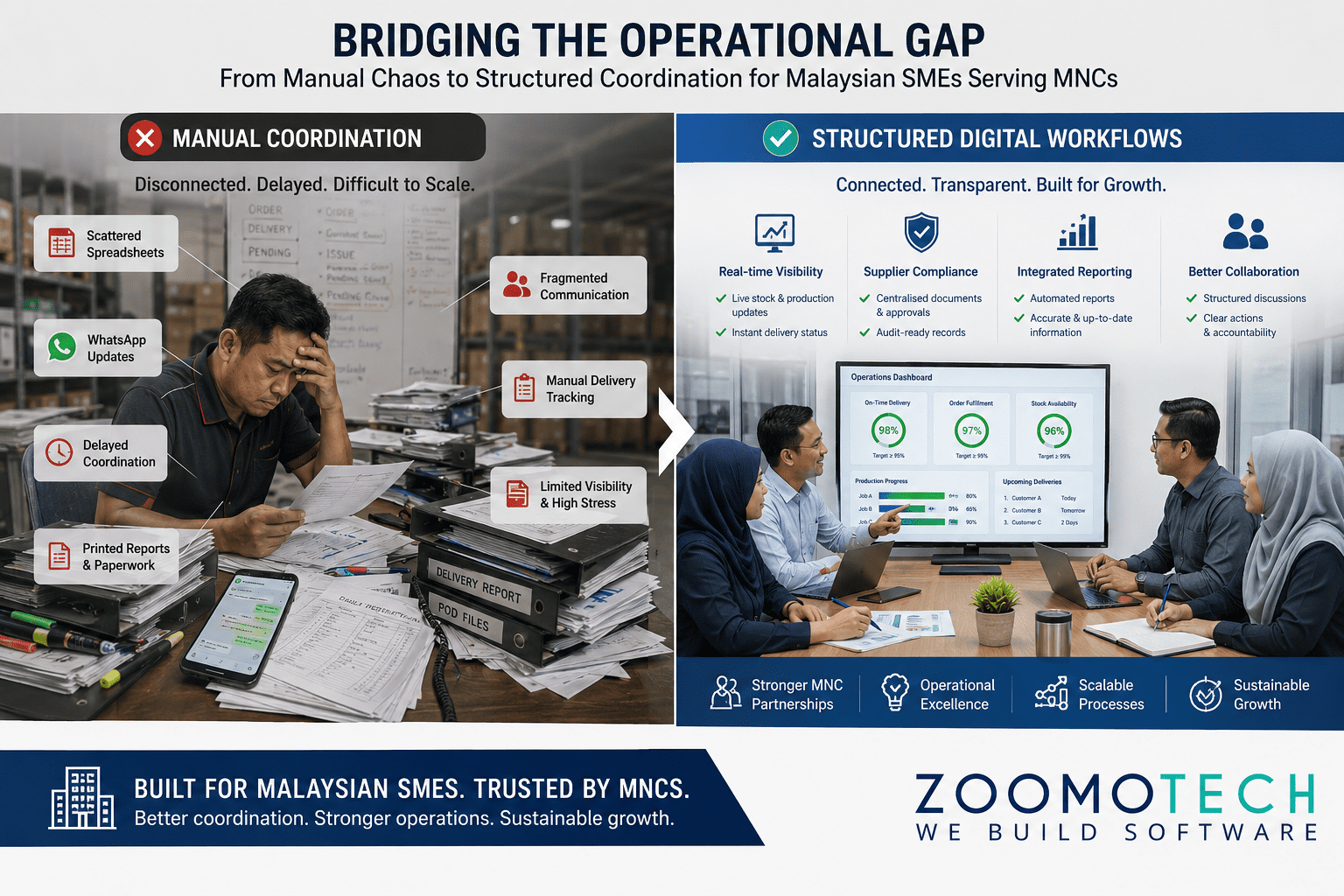 Infographic comparing manual coordination and structured digital workflows for Malaysian SME manufacturing suppliers serving MNC customers