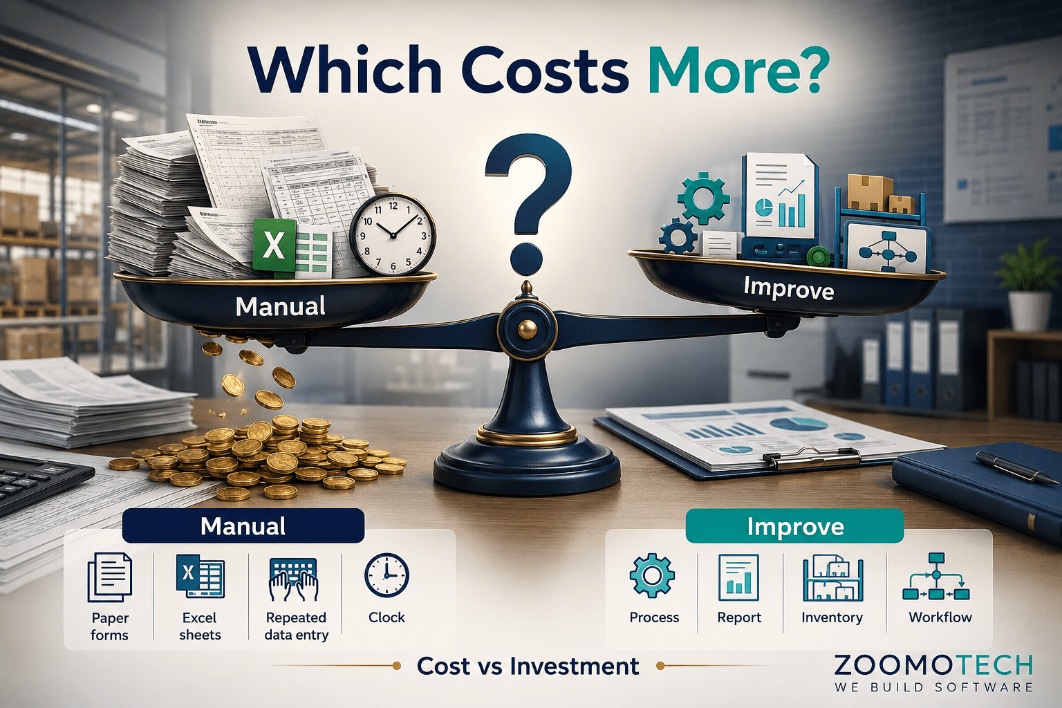 Manual processes versus system improvement comparison showing hidden operational costs, repeated data entry, paper forms and ERP investment planning for Malaysian SMEs