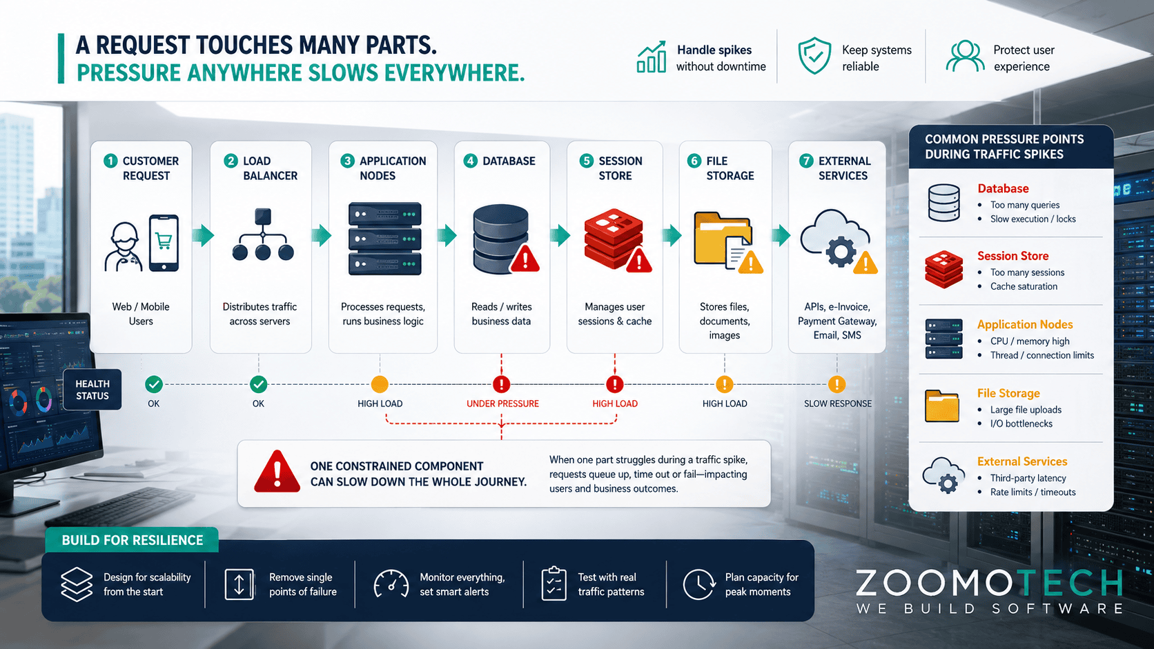 Scalable System Architecture showing traffic spike handling across application nodes, database, session store, file storage and external services for Malaysian SMEs