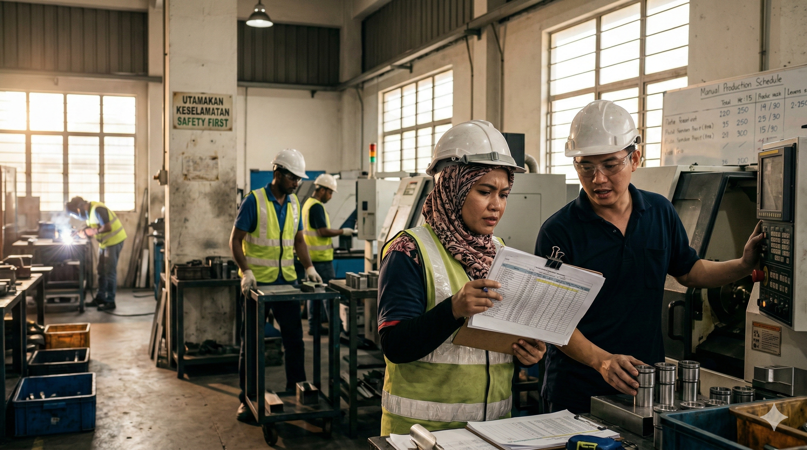Two Malaysian SME factory supervisors reviewing a printed production spreadsheet and Excel report on a busy shop floor, highlighting manual workflow problems and data mismatches in manufacturing.
