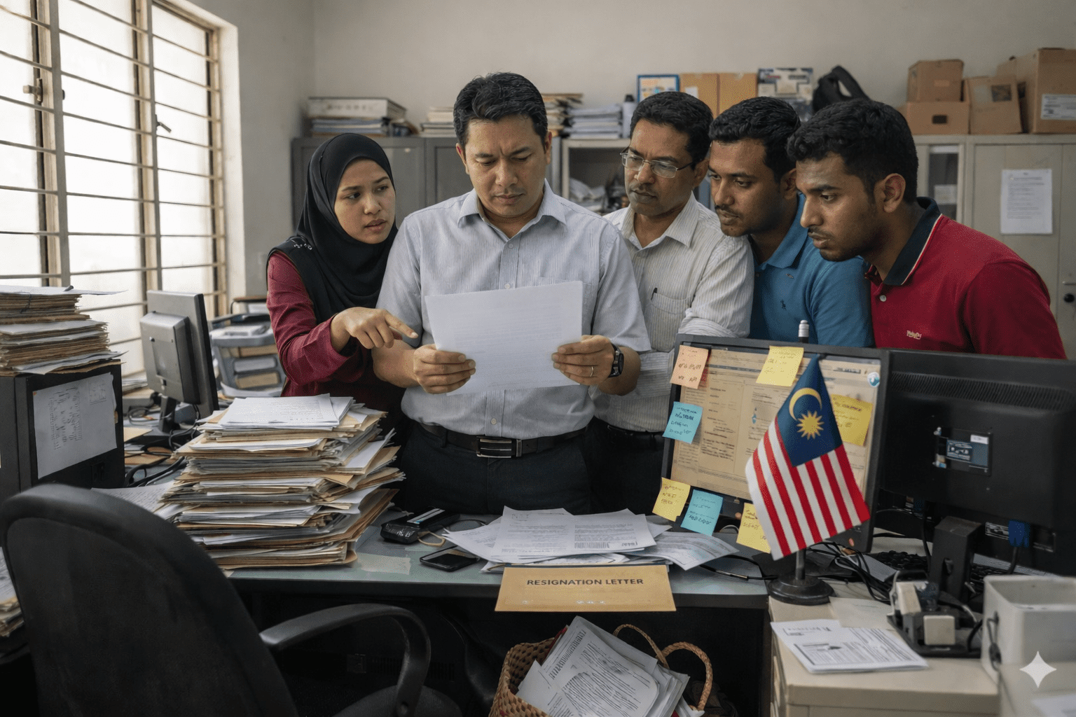 Malaysian SME office team reviewing resignation letter after key operations staff leaves, highlighting operational knowledge dependency and undocumented workflows