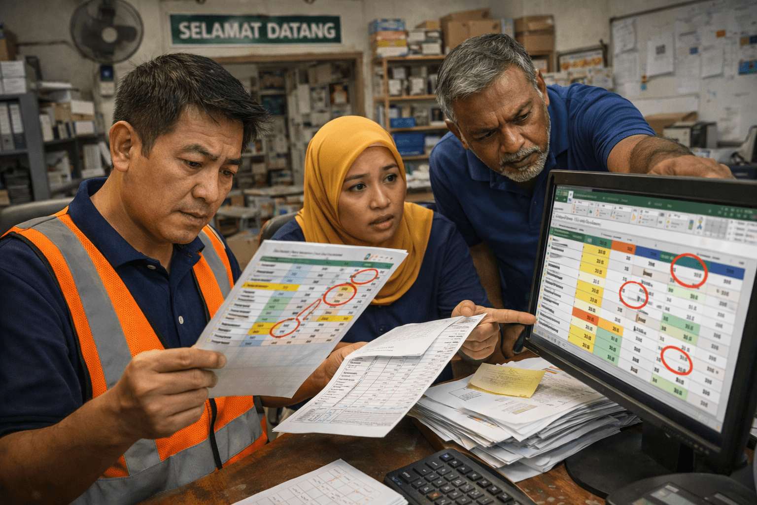 Malaysian SME factory supervisors reviewing Excel management reports while troubleshooting operational issues on the production floor