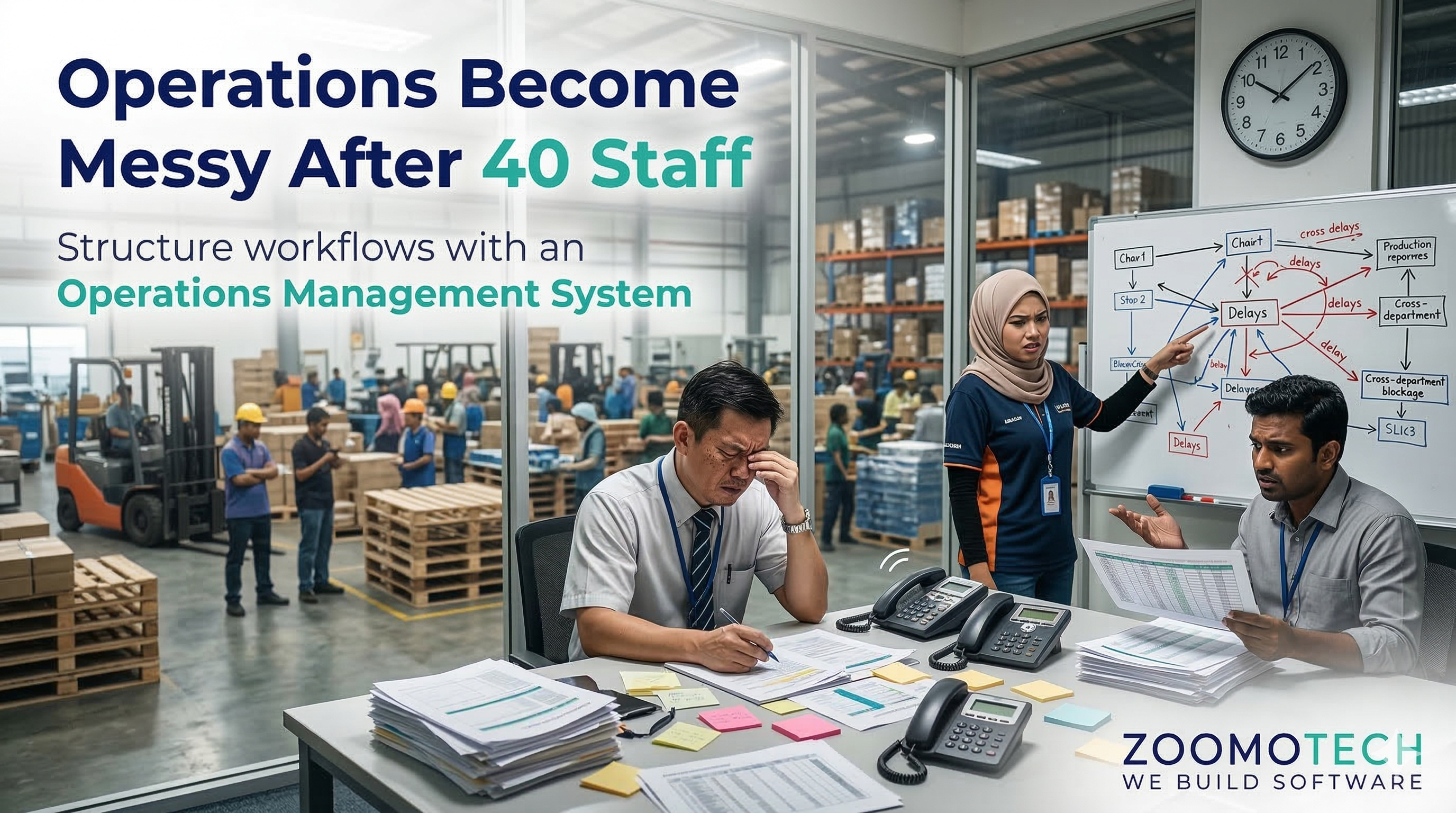 Malaysian SME factory office facing operational problems after growth, manual workflows, delayed reporting and lack of operations visibility for management