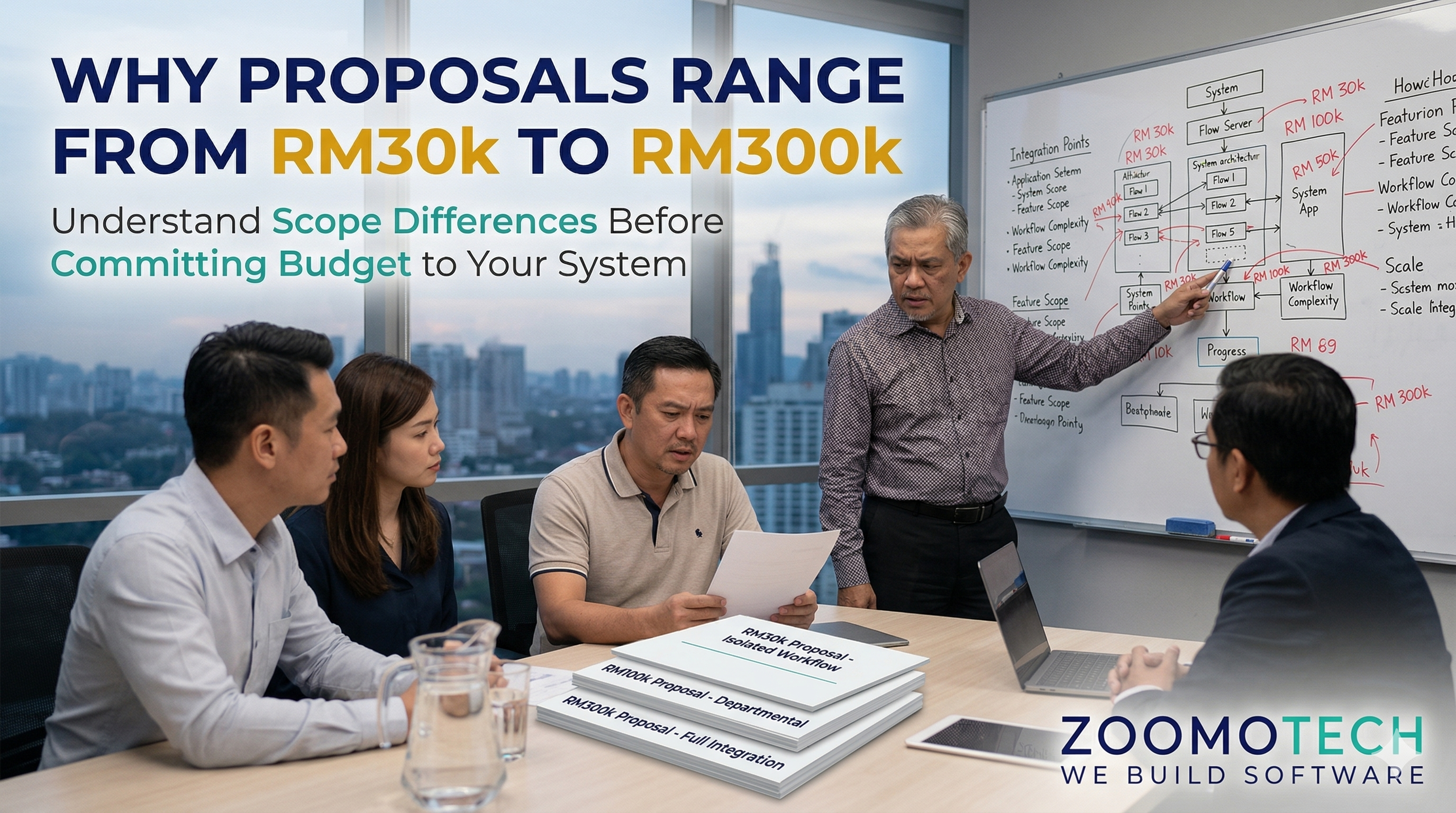 Malaysian SME team reviewing custom software proposals RM30k to RM300k with workflow and system scope discussion