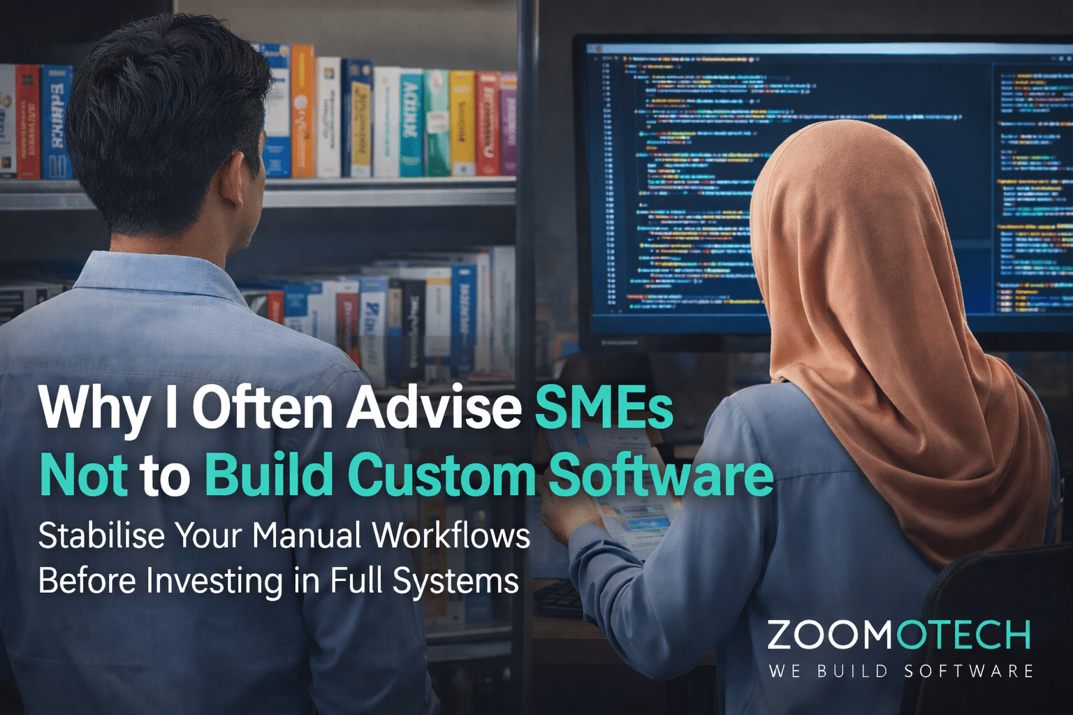 Malaysian software developers at Zoomo Tech discussing custom ERP workflow requirements for a local SME factory.