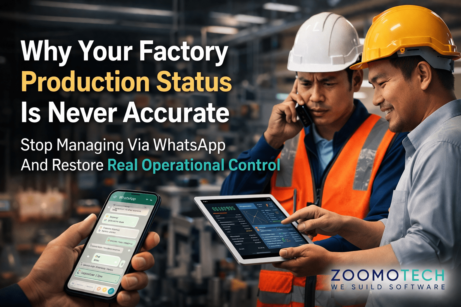 Malaysian factory supervisor using a tablet to track real-time Factory Production Status, replacing manual WhatsApp reporting and paper logs on the production floor.