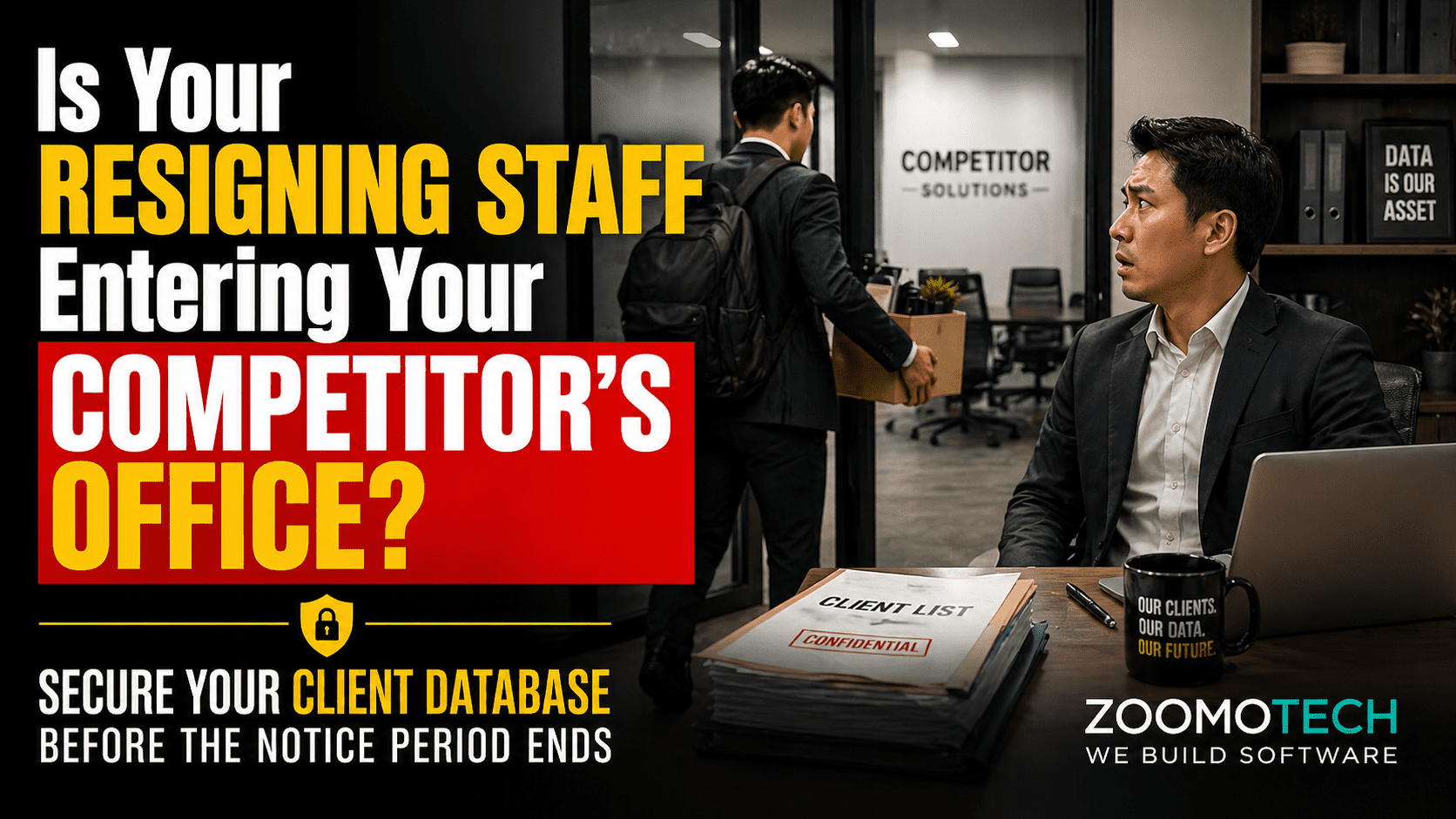 Malaysian SME manager reacting as resigning staff leaves with client list data and joins competitor, highlighting risk of losing customer database due to poor access control