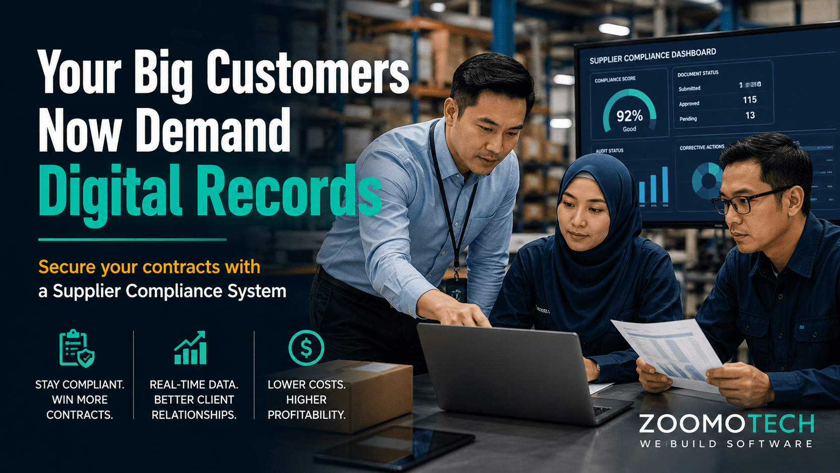 Malaysian SME management team reviewing supplier compliance dashboard and operational reports for supply chain digitalisation and customer audit readiness