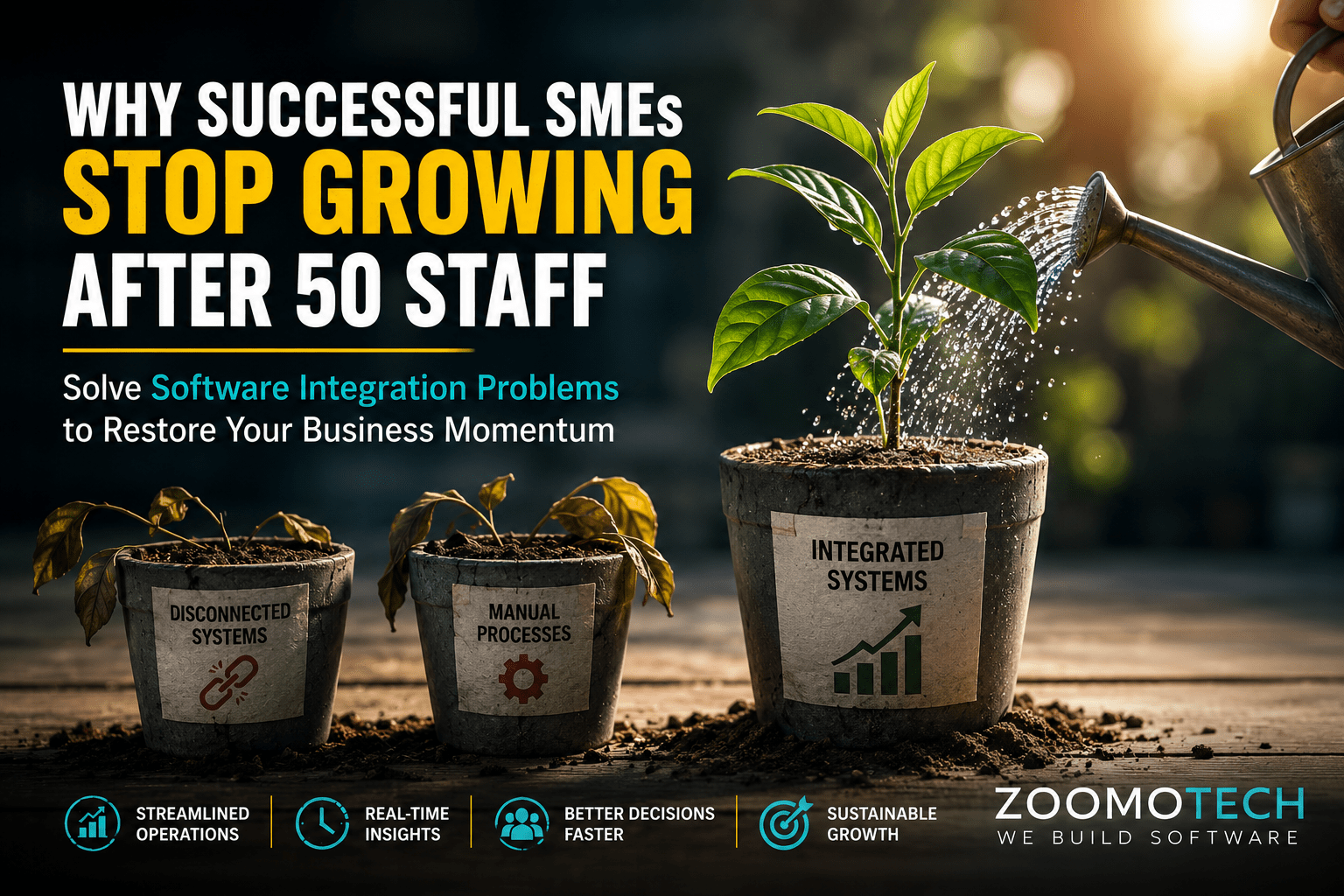 Malaysian SME facing software integration problems between disconnected systems, manual processes, and integrated operations growth