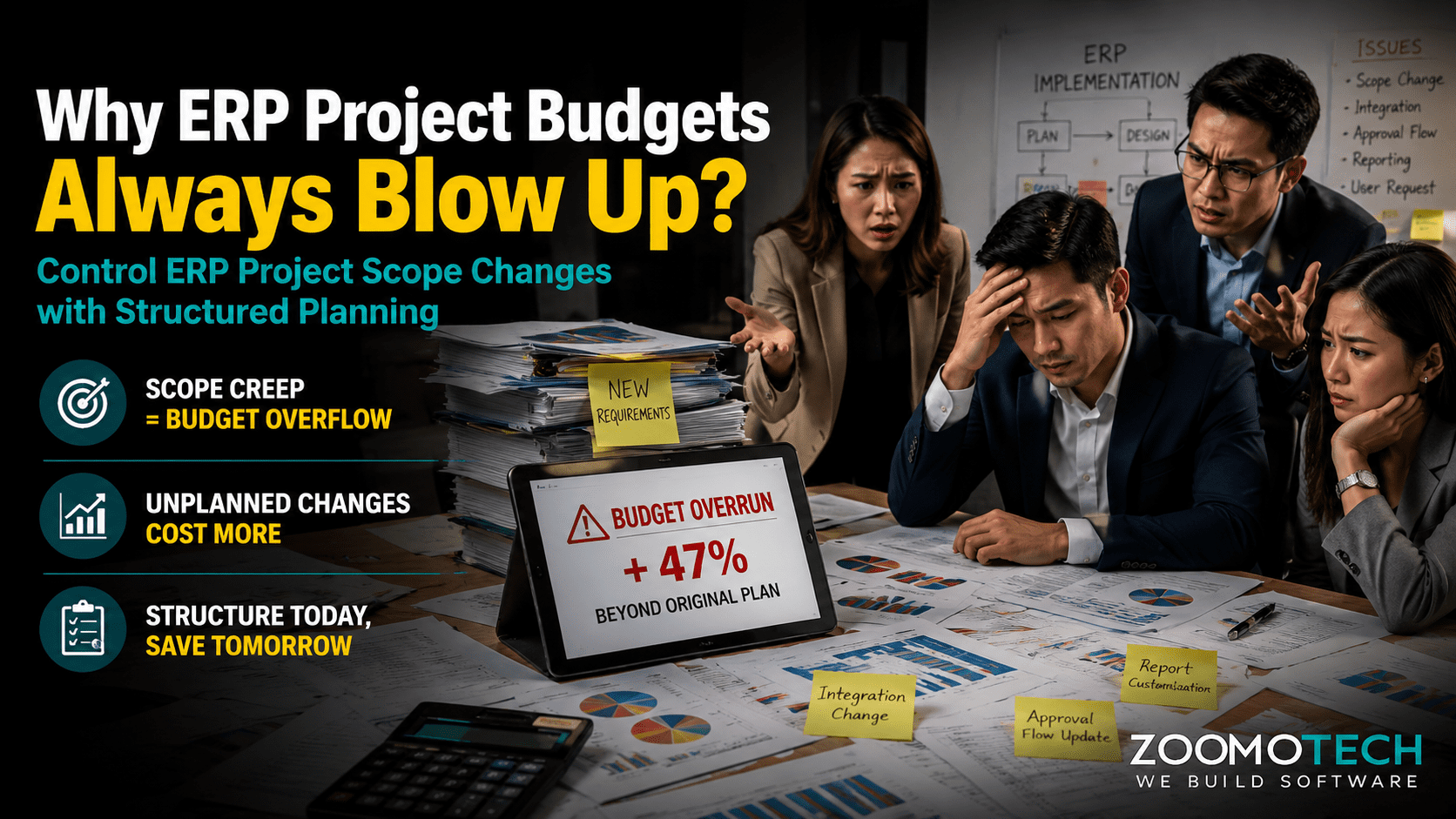 Malaysian SME ERP project budget overrun caused by scope changes, approval workflow complexity, and operational reporting issues during implementation
