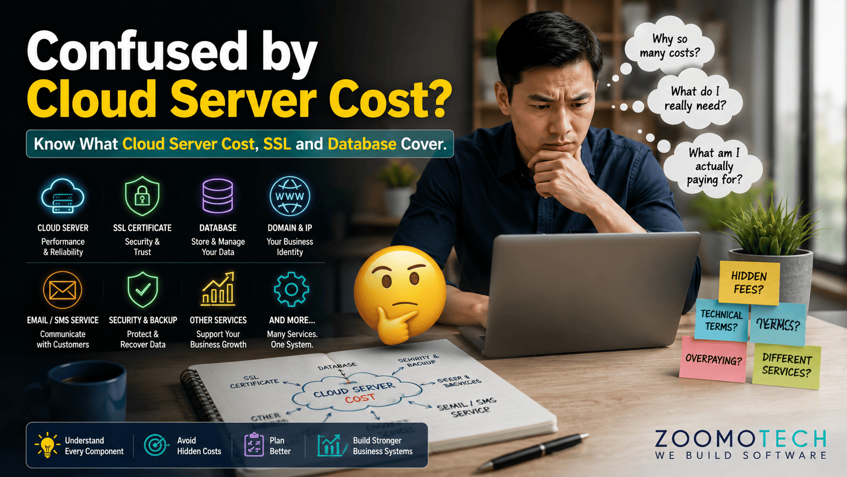 Malaysian SME business owner reviewing a custom software quotation and learning what Cloud Server Cost, SSL Certificate, Database, Domain Name and other infrastructure services actually cover before making an investment decision.