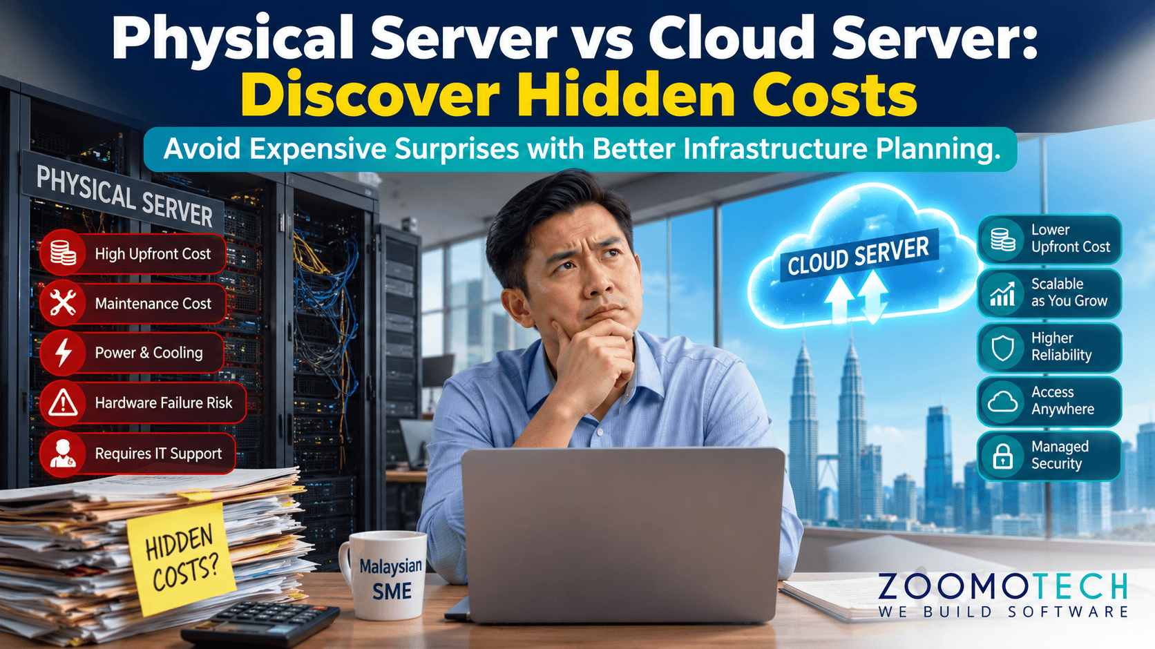 Malaysian SME owner comparing Physical Server vs Cloud Server to understand hidden ownership costs, IT maintenance, business growth and infrastructure planning.