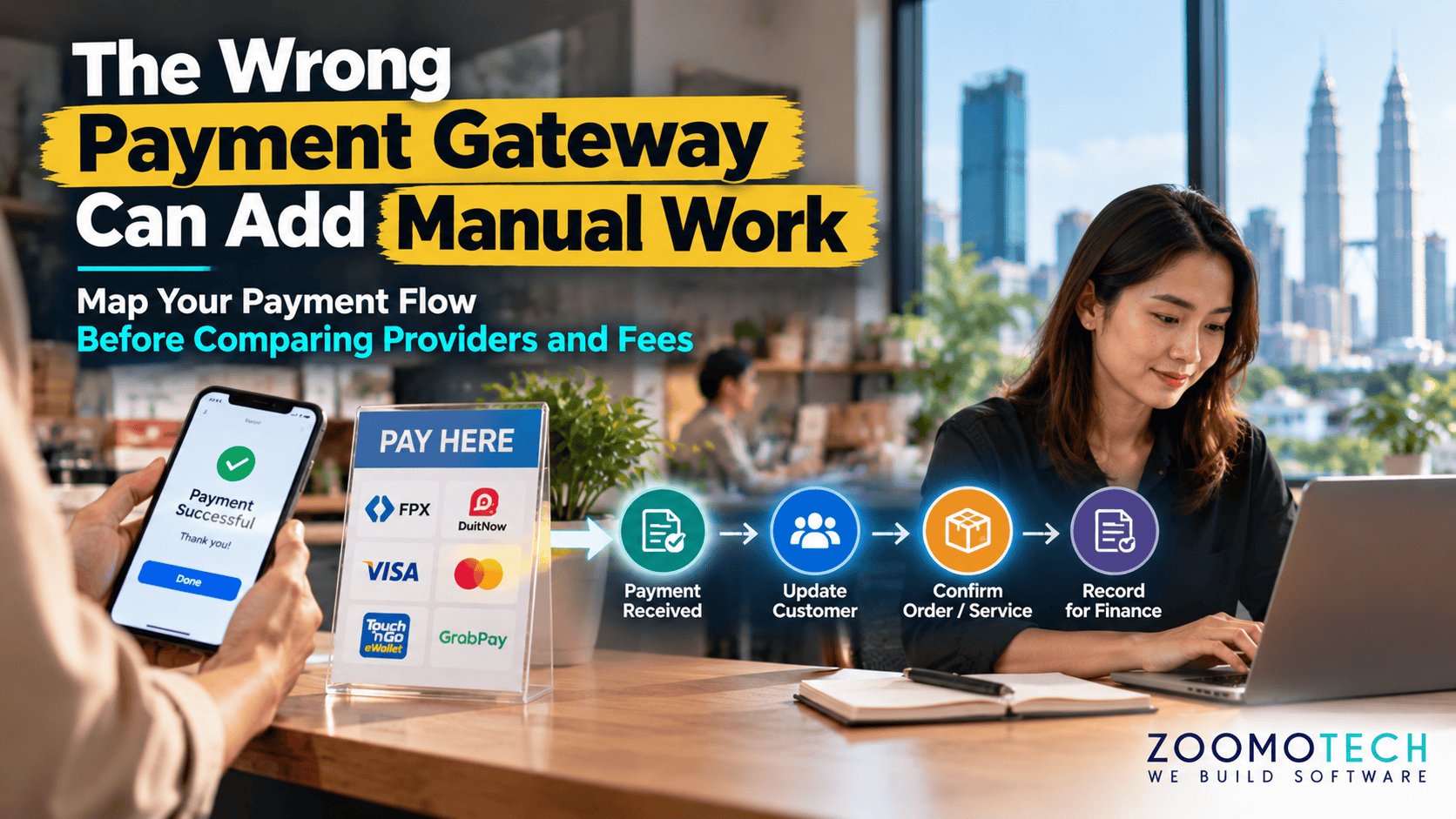 Malaysian SME payment gateway workflow showing payment received, customer update, order confirmation and finance recording.